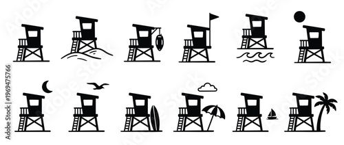 Collection of black silhouette lifeguard towers with various beach elements, depicted in a simple, graphic style