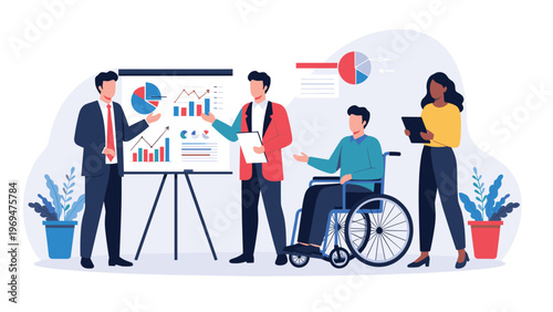 Diverse team of business professionals including a man in a wheelchair during an office board meeting to discuss a new plan.