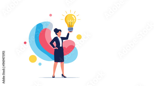 Creative businesswoman holding a large glowing lightbulb to symbolize a bright and innovative business idea for her company.