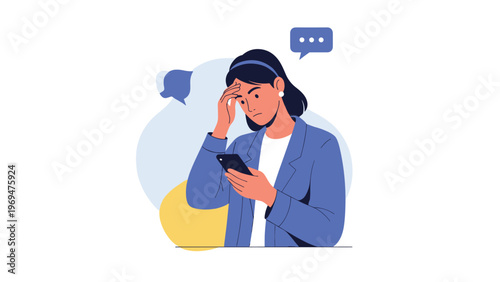 Concerned young woman looking at her smartphone screen with a worried facial expression and her hand on her head in stress.