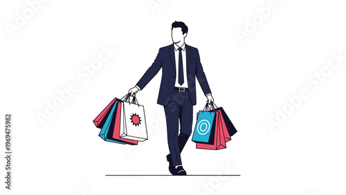 Well dressed businessman in a suit carrying many colorful shopping bags after a successful day of retail therapy at the mall.