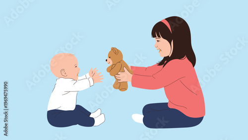 Kind older sister sharing her brown teddy bear with her happy baby brother while sitting on the floor in their nursery room.