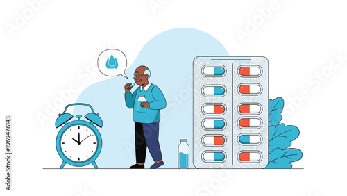 Senior man taking his daily medicine from a small pill bottle with a large blister pack and a blue alarm clock nearby him.