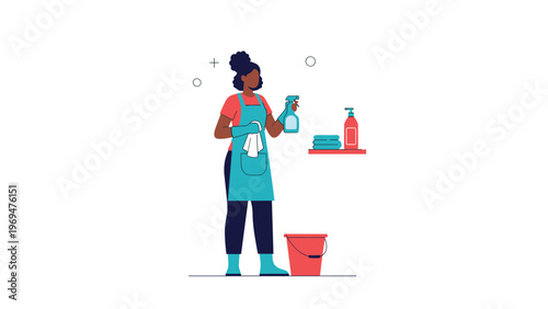Professional female cleaner in an apron and gloves holding a spray bottle and blue cloth to clean a room in the house.