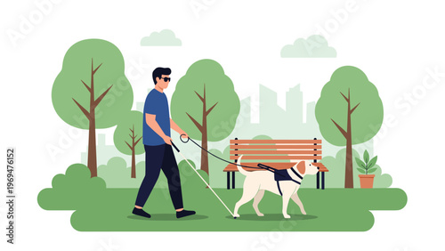 Blind man wearing sunglasses and using a white cane while walking his guide dog through a green city park on a sunny day.