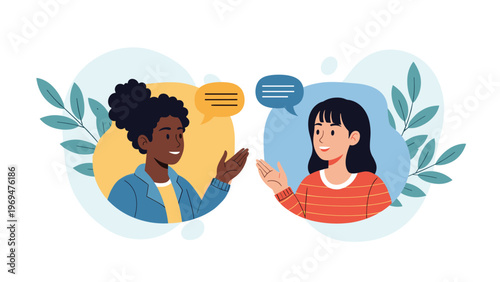 Two women of different ethnicities having a friendly chat with colorful speech bubbles in a bright and modern setting.