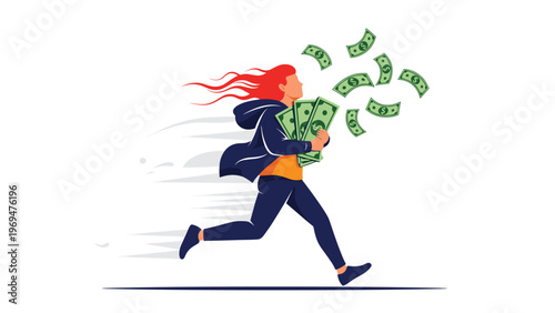Young woman running fast and clutching handfuls of cash as money flies out behind her in a flat illustration style.