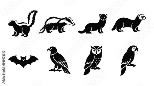 A collection of black animal silhouettes including mammals and birds presented in a minimalist design silhouette high quality professional detailed modern