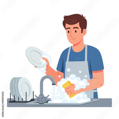 Man washing dishes with sponge and soap suds in kitchen sink, domestic chores