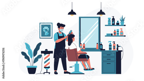 Professional hairdresser wearing a face mask while cutting a female client's hair in a well equipped modern beauty salon interior.