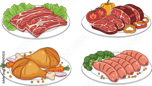 Meat and Grilled Food Set with Ribs, Chicken, Sausages, and Vegetables on Plates for Delicious Dishes