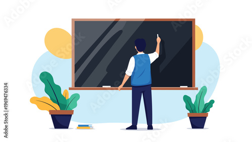 Male teacher or student standing with his back to the viewer and writing on a large blackboard in a classroom setting illustration.