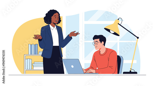 Two diverse business colleagues collaborating on a project in a bright office environment with one person working on a laptop.