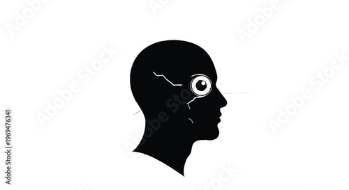Silhouette of a head with a cracked surface and an observant eye, symbolizing perception and brokenness.