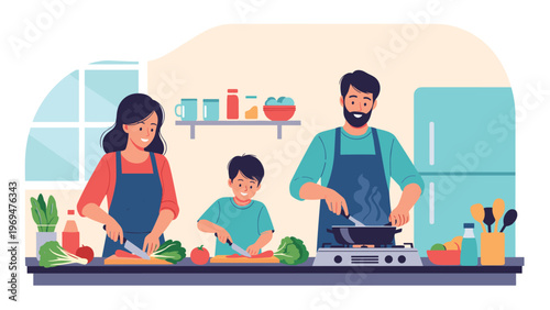 Happy family with a young son preparing a healthy meal together in a modern kitchen while chopping fresh vegetables and cooking.