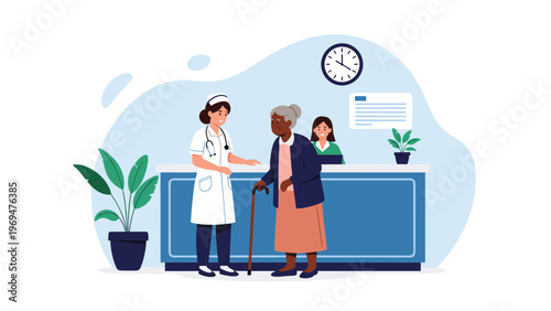 Senior woman with a walking stick talking to a friendly nurse at a hospital or medical clinic reception desk in a flat vector style.