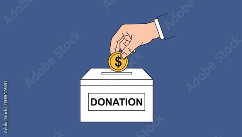 Close up illustration of a hand putting a gold coin into a white donation box to support a charity or community fundraising event.