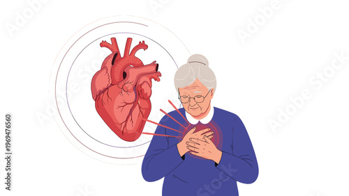Elderly woman clutching her chest in pain while experiencing symptoms of a heart attack with a large anatomical heart icon behind her.