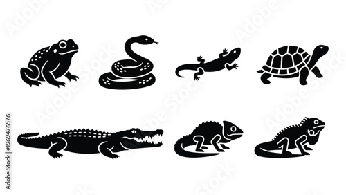 A collection of reptile and amphibian silhouettes including a frog snake lizard turtle alligator and chameleon silhouette high quality professional detailed