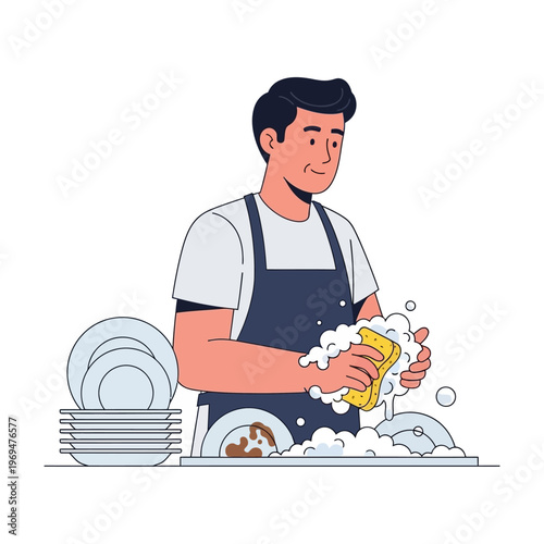 Man Washing Dishes with Sponge in Kitchen Sink, Domestic Chores and Housework