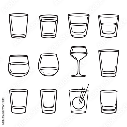 Black and white line collection of twelve different cups and mugs line cup ceramic handle