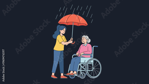 Kind young woman holding a red umbrella over an elderly woman in a wheelchair during a rain shower to provide protection and help.