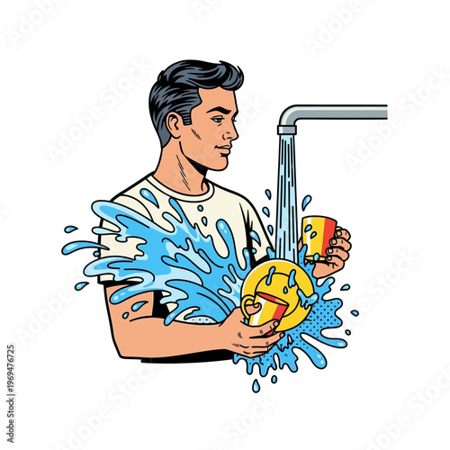 Man Washing Dishes with Water Splash, Retro Style Illustration