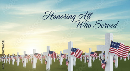 Memorial Day, patriotic cemetery, American flags, white crosses, Honoring All Who Served