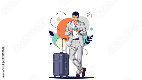 Businessman in a gray suit leaning on his suitcase and using a smartphone while waiting for his flight or transport in an airport.