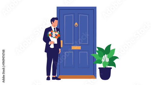Man in a dark suit holding a beautiful bouquet of colorful flowers and standing at a bright blue door while waiting for his date.