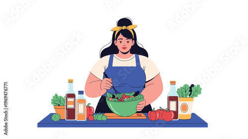 Young woman wearing an apron and headband while preparing a fresh healthy salad with various vegetables on a table in the kitchen.