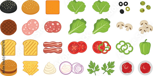 Sandwich Ingredients Collection with Buns, Vegetables, Meats, and Sauces for Delicious Sandwiches