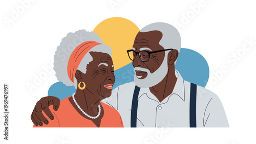 Loving senior African American couple embracing each other with warm smiles to celebrate their long-term relationship and happiness.