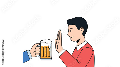 Determined young man using a hand gesture to refuse a glass of beer as a sign of sobriety, health consciousness, or self-control.