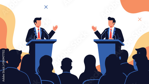 Two political candidates engaging in a public debate at podiums in front of a large audience to share their views and win votes.