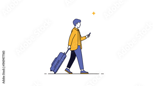 Male traveler walking with his blue suitcase while checking navigation or flight details on his smartphone during a trip abroad.
