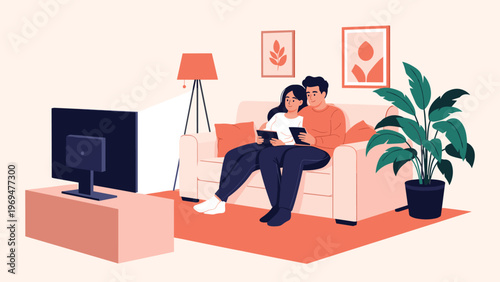 Couple sitting on a sofa watching television while simultaneously using their digital tablets for a multi-screen entertainment experience.