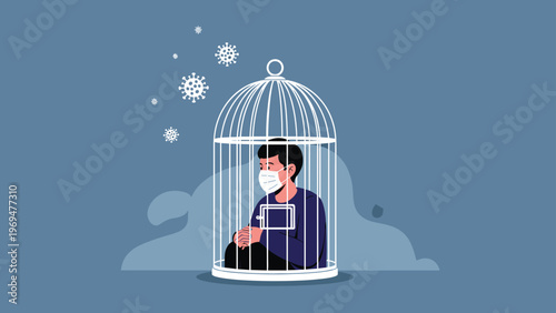 Person wearing a face mask sitting inside a white birdcage as a symbolic representation of quarantine, isolation, or lockdown.