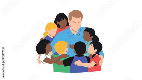 Kind male teacher or mentor being hugged by a diverse group of young children expressing their gratitude and affection for him.