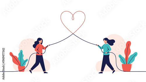 Two women pulling ropes that cross each other to form a large red heart shape symbolizing connection, love, and strong partnership.