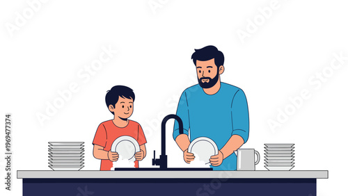 Father and his young son working together at the kitchen sink to wash and dry dishes as part of their daily household chores.