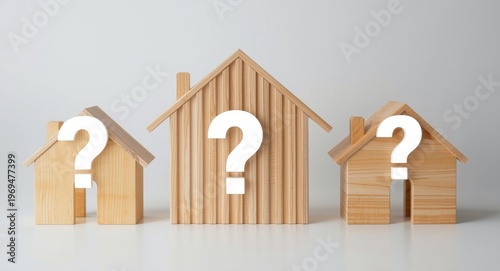 Wooden home constructs with question mark overlays underscoring housing crisis and unpredictable investment scenarios