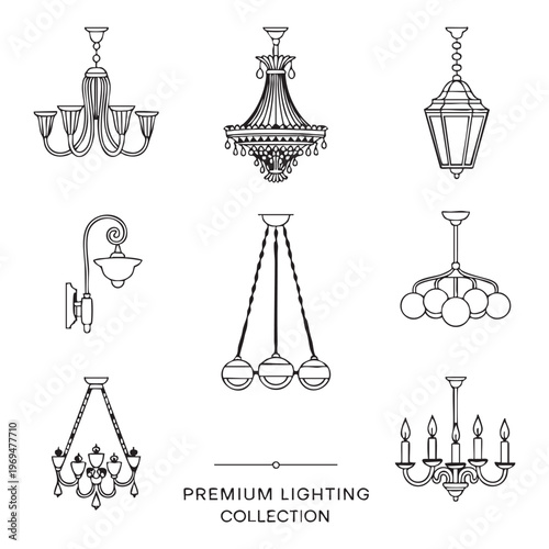 Black and white of various chandeliers and lamps pendant light wall sconce