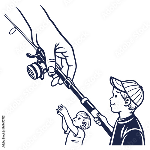 A young boy learning to fish with an adult handing him a fishing rod outdoors