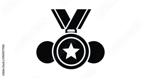 Bold black and white vector icon illustration featuring a star medal hanging from a ribbon, signifying achievement, excellence, and winning recognition design elements.