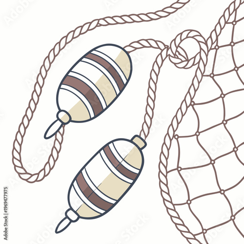 Fishing buoys and net on rope nautical theme graphic