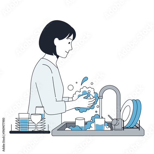 Woman washing dishes at kitchen sink with sponge and running water, clean home concept