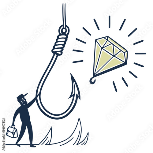 Businessman reaching for a diamond on a fishing hook, Symbolizing opportunity and risk