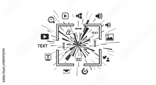 Explosion of digital content and social media icons radiating from a central focus point.