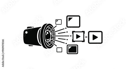 Creative camera lens projecting multiple video clips and frames, symbolizing media production and content creation.